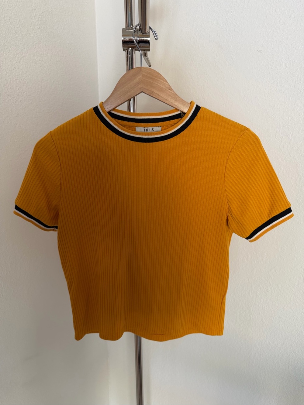 iris Mustard Yellow Ribbed Crop Tee with Black & White Trim